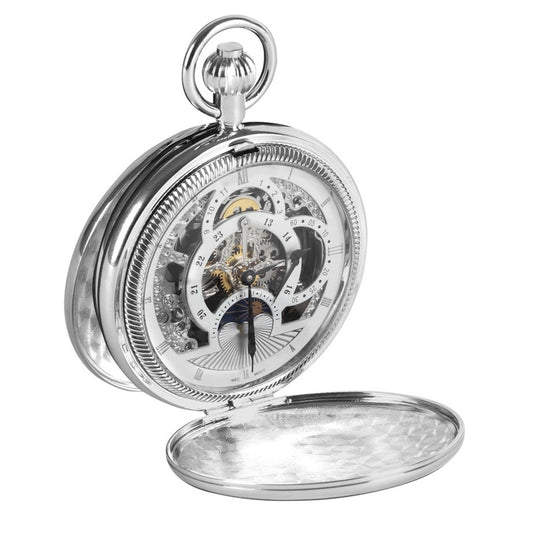 Woodford Chromeplated Dual Time Sun and Moon Dial Pocket Watch and Chain