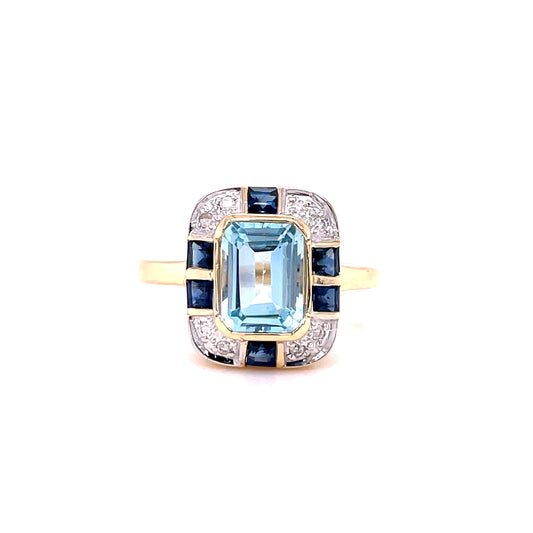 9ct Yellow Gold Art Deco Style Blue Topaz Sapphire And Diamond Ring