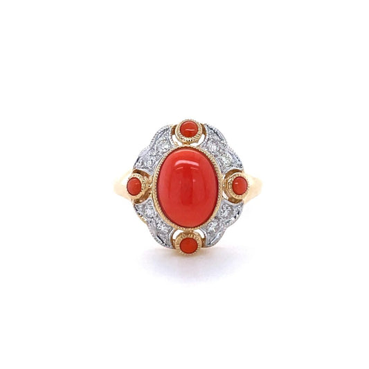 9ct Gold Coral And Diamond Ring