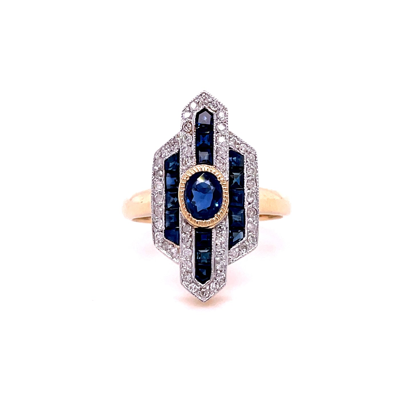 9ct Yellow Gold Sapphire And Diamond Art Deco Style Ring