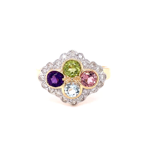 9ct Yellow Gold Multicoloured Stone And Diamond Ring