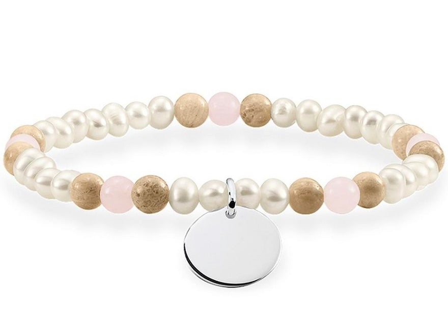 Thomas Sabo Sterling Silver Freshwater Pearl, Rose Quartz and Jasper Bracelet with Disc LBA0110-350-7 16.5cm