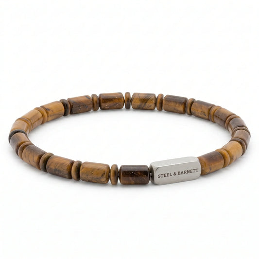 Steel & Barnett Tiger Eye Stone Barrel Beads Bracelet Medium