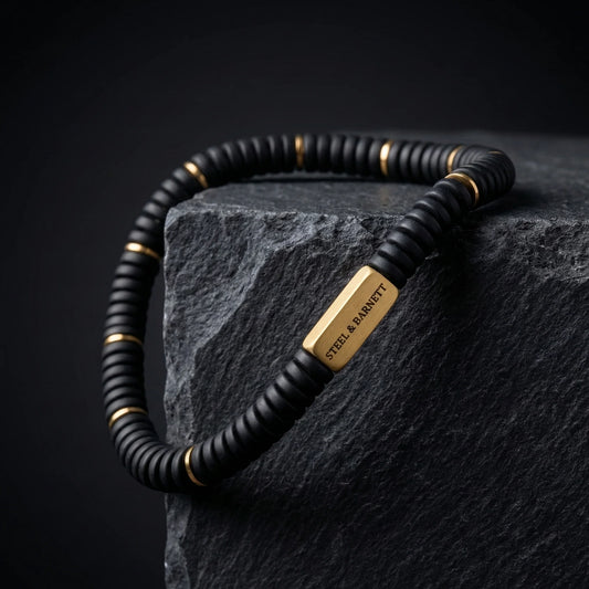 Steel & Barnett Two Tone Matte Black Onyx Gemstone Stretch Disc Bracelet with Plated 18ct Gold Medium