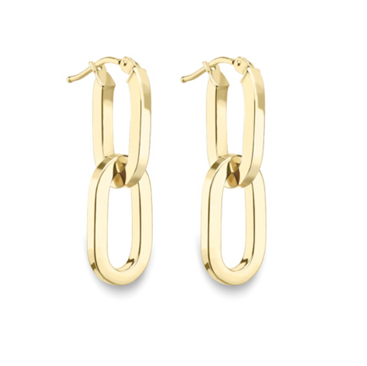 9ct Yellow Gold Hollow 2 Oval Links Hoop Earrings