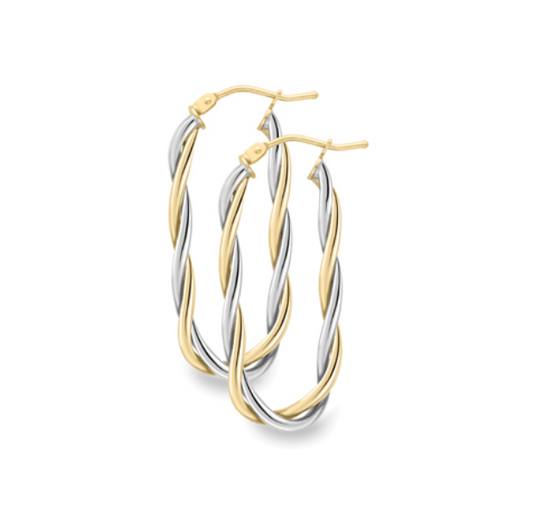 9ct White And Yellow Gold Oblong Twist Earrings