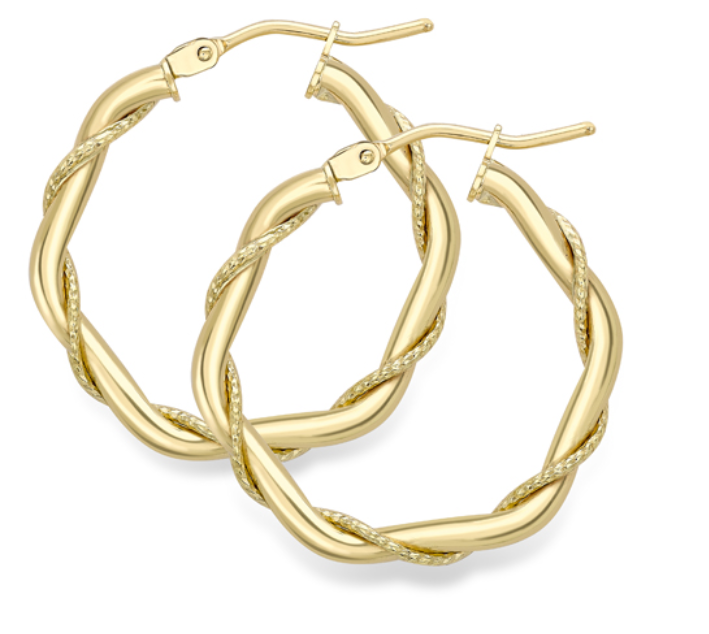 9ct Yellow Gold 20mm Polished & Rope Twist Hoop Earrings