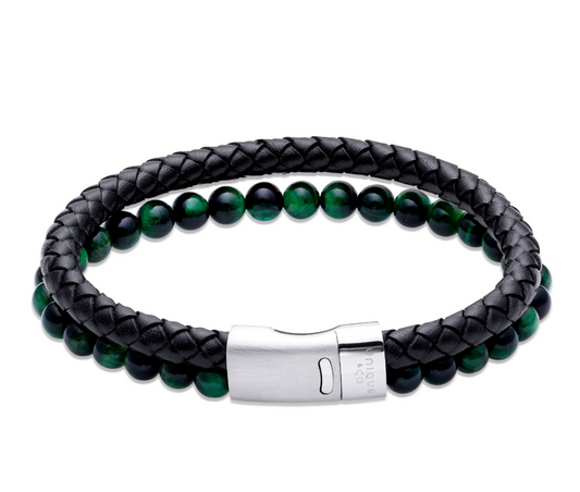 Unique & Co Black Leather & Green Beaded Bracelet 19cm