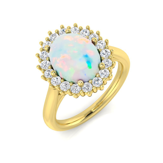 9ct Yellow Gold Opal and 18 Diamond Cluster Ring