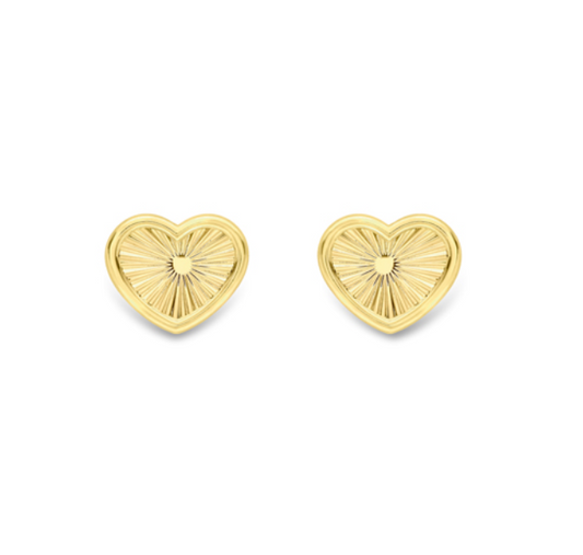 9ct Yellow Gold Diamond Cut Raised Edge Heart Stud Earrings