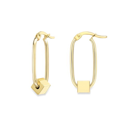 9ct Yellow Gold Oval Tubes With Cube Hoop Earrings