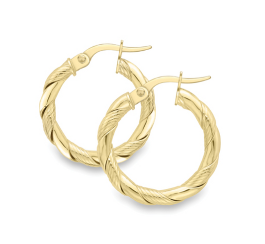 9ct Yellow Gold Hollow 20mm Twist Plain Hoop Earrings