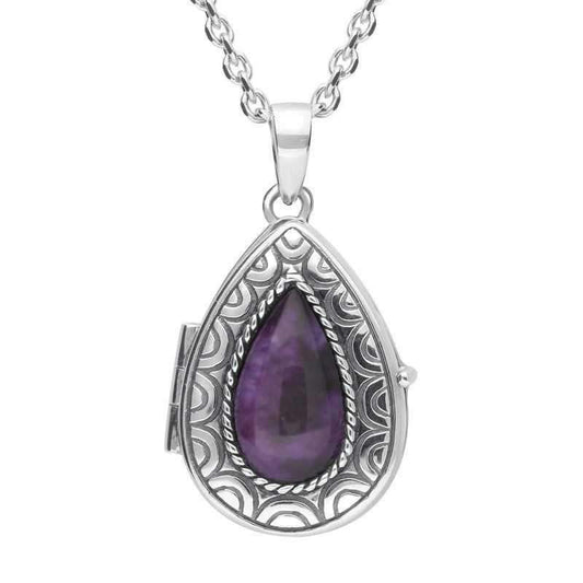 Sterling Silver Derbyshire Blue John Pear Shaped Locket And Chain