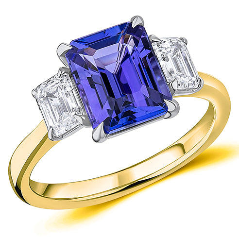 18ct Yellow Gold Emerald Cut 2.50ct Tanzanite and Emerald Cut Diamond Ring