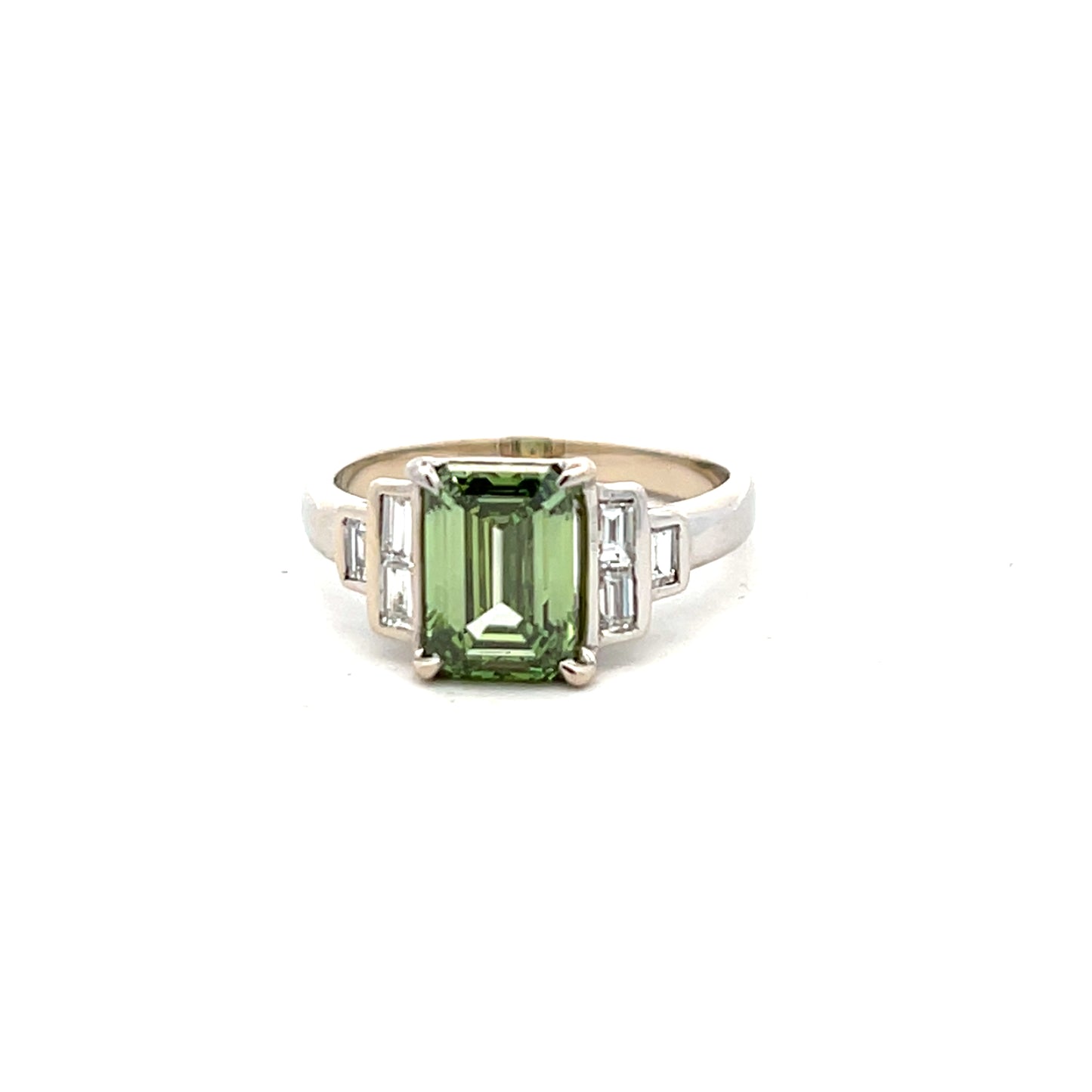18ct White Gold Laboratory Grown Green Emerald Cut Diamond Ring Size L