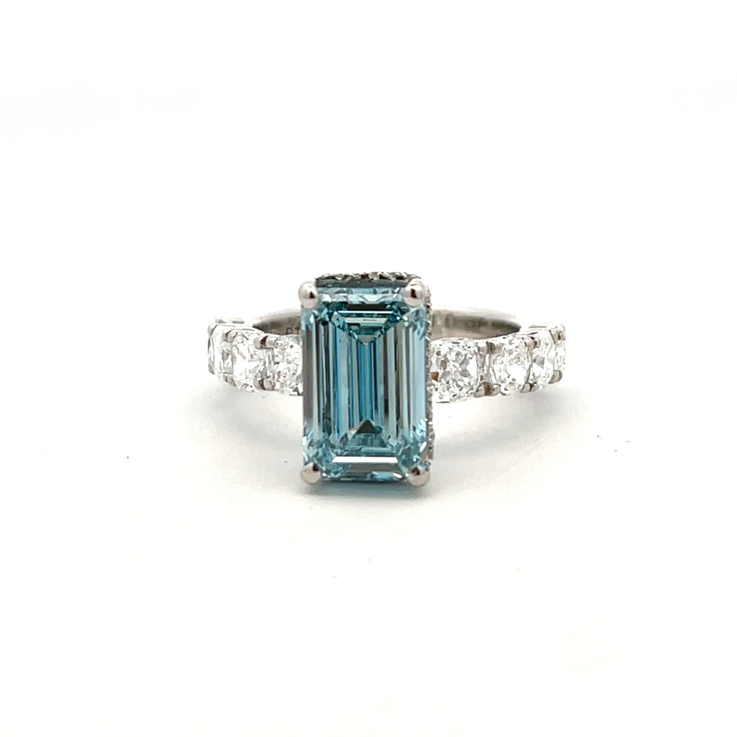 Platinum Laboratory Grown Fancy Intense Blue Emerald Cut Diamond with Laboratory Grown Diamond Shoulders Size R