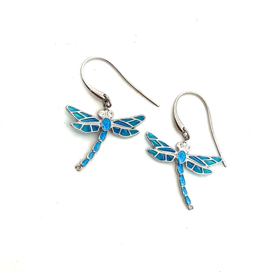 Sterling Silver Blue Enamel and Blue Topaz Dragonfly Drop Earrings
