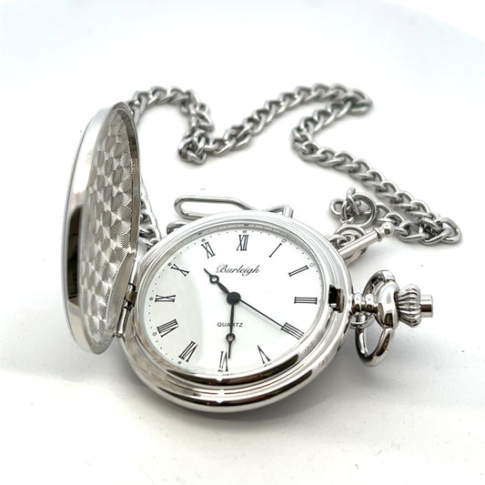 Chrome Plated Burleigh Quartz Full Hunter Pocket Watch and Chain