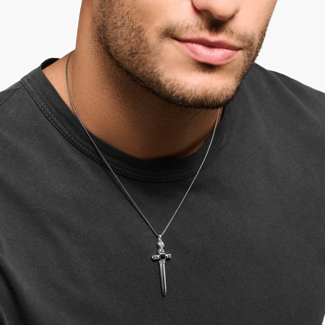 Thomas Sabo Sterling Silver Onyx Skull Sword Pendant and Chain KE1999-507-11