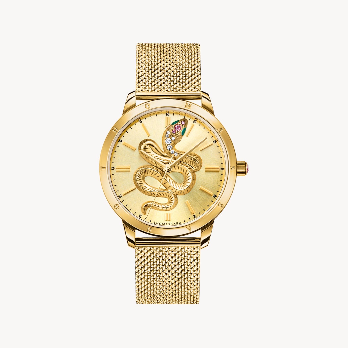 Thomas Sabo Yellow Gold Plated 33mm Case and Mesh Bracelet Champagne 3D Snake Dial Watch WA0384-264-207
