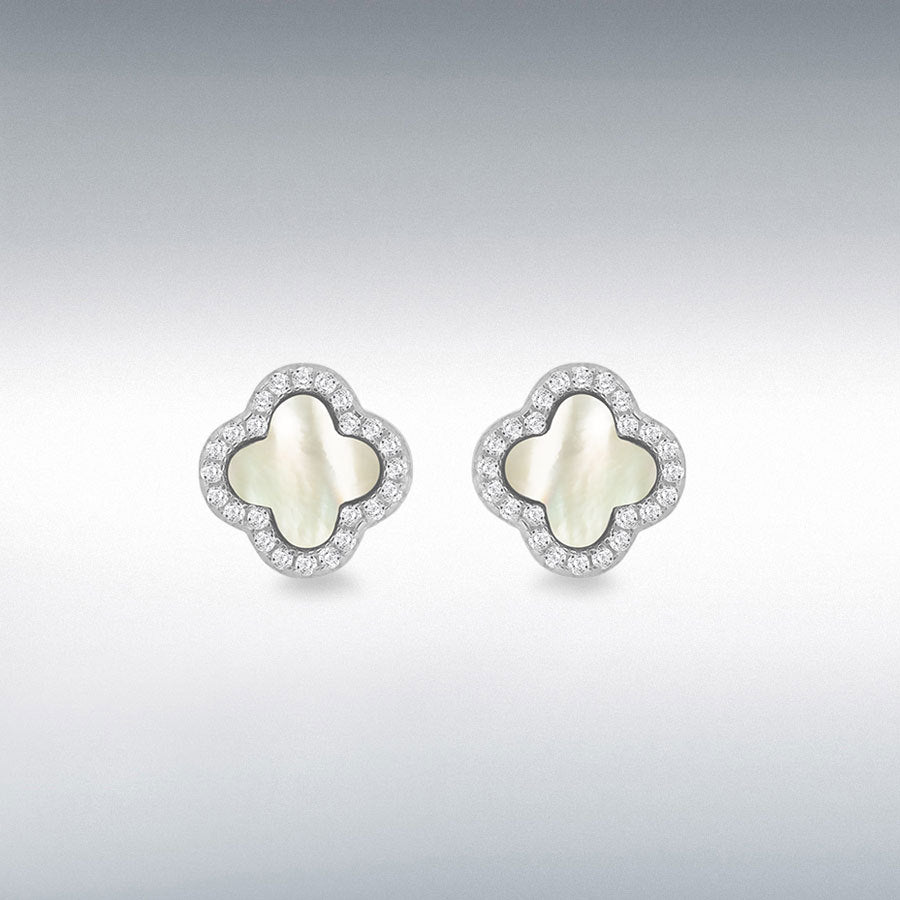 Sterling Silver Mother of Pearl and Cubic Zirconia Four Petal Stud Earrings
