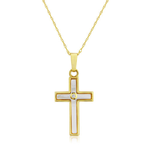 9ct Yellow Gold Diamond & Mother of Pearl Cross Necklace