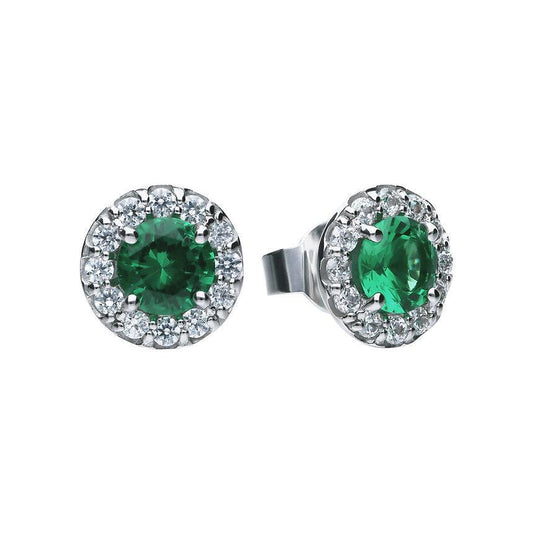 Diamonfire Silver Round Cluster with Green Centre Stone and Cubic Zirconia Halo Stud Earrings E5655