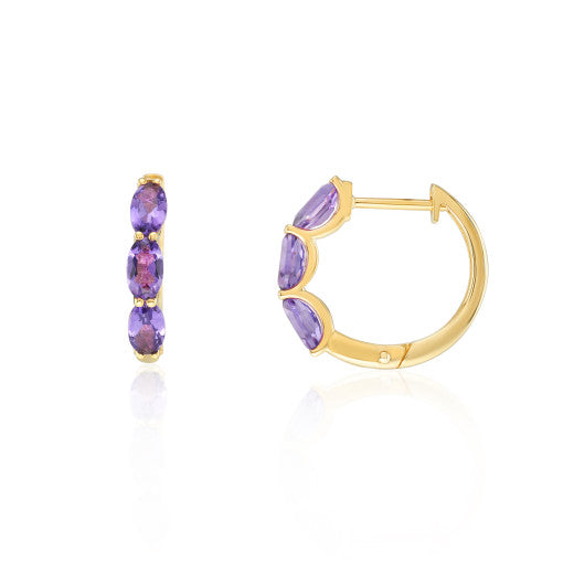 9ct Yellow Gold Oval Cut Amethyst Hoop Earrings
