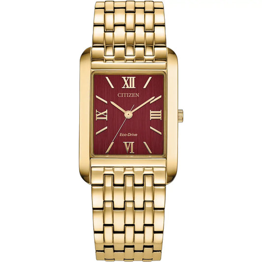 Citizen Rectangular Plum Dial Slim Yellow Gold Plated Stainless Steel Bracelet Watch BJ6572-54X