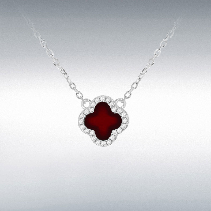 Sterling Silver Red Agate & Cubic Zirconia Four Petal Necklace