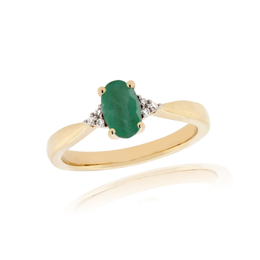9ct Yellow Gold Emerald and Diamond Trefoil Sides Ring