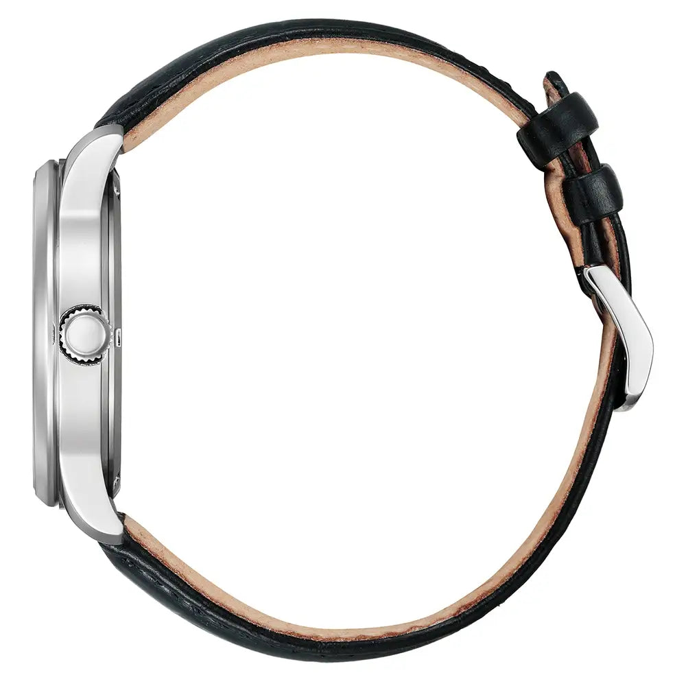 Citizen Stainless Steel White Dial Black Leather Strap Watch BM8550-14A