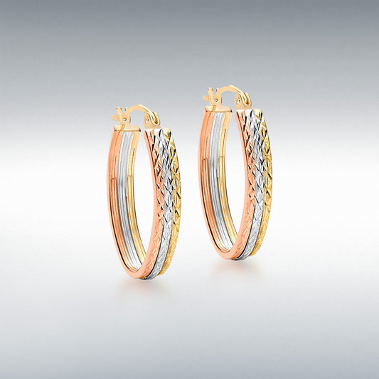 9ct Three Colour Gold Oval Sparkle Diamond Cut Hoop Earrings
