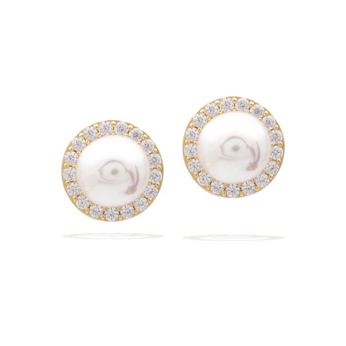 Diamonfire Yellow Gold Plated Imitation Pearl Cubic Zirconia Round Cluster Stud Earrings