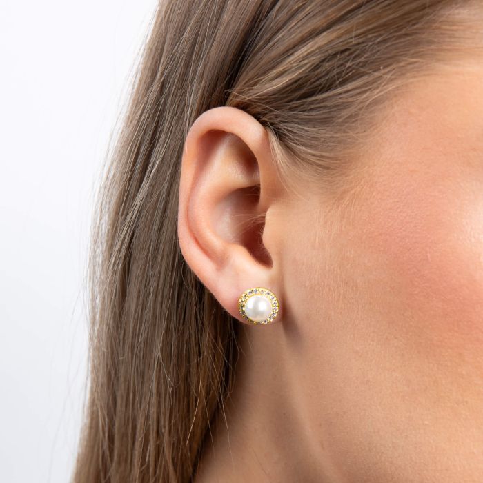 Diamonfire Yellow Gold Plated Imitation Pearl Cubic Zirconia Round Cluster Stud Earrings