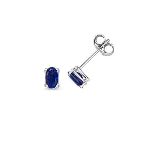 9ct White Gold 5x3mm Blue Sapphire Four Claw Stud Earrings