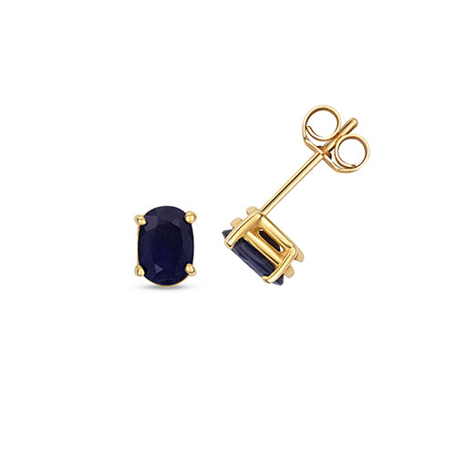 9ct Yellow Gold 6x4mm Blue Sapphire Four Claw Stud Earrings
