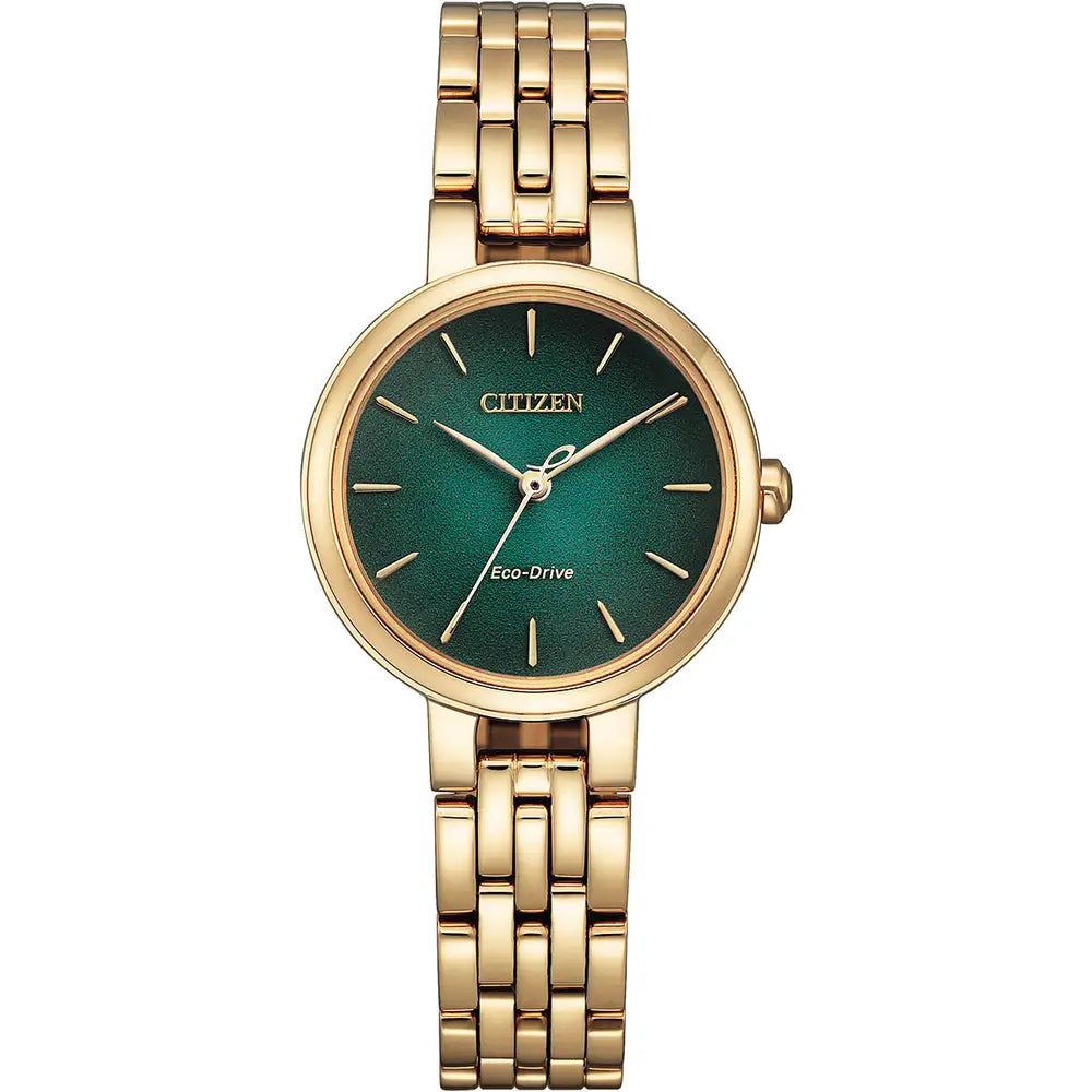 Citizen Round Green Dial Yellow Gold Plated Bracelet Watch EM0993-82Z