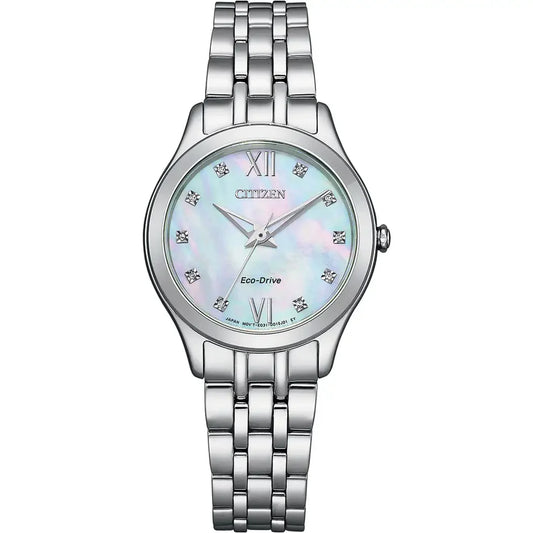 Round Mother Of Pearl Diamond Dot Dial Steel Case And Bracelet Watch EM0891-58N
