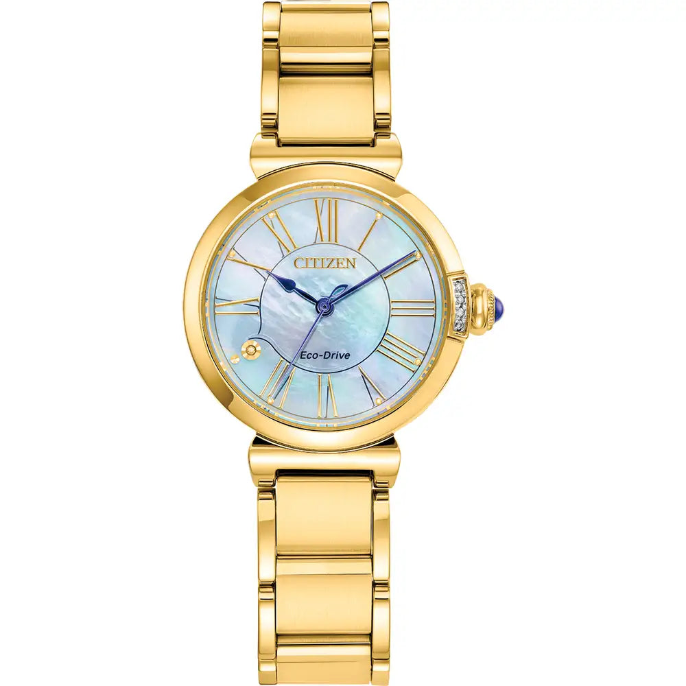 Citizen L Mae Gold Tone Stainless Mother of Pearl Full Roman Numeral Dial with Diamond Bracelet Watch EM1062-57D