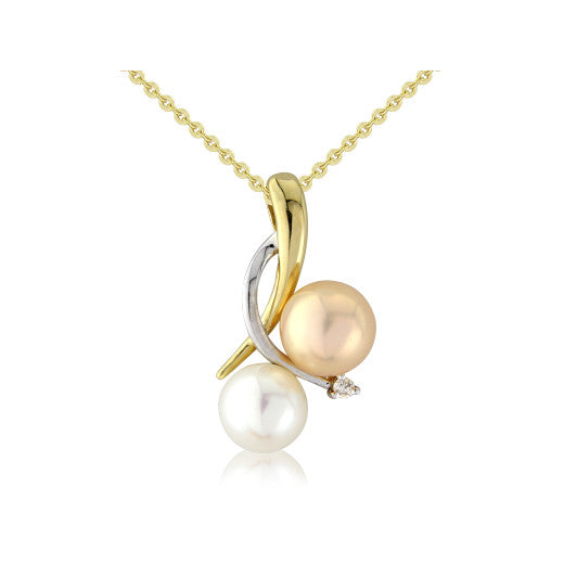 9ct Yellow Gold Peach White Freshwater Cultured Pearl And Diamond Necklace