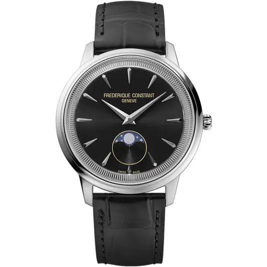 Frederique Constant watch with black dial and leather strap on a white background