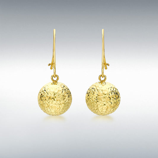 9ct Yellow Gold Hollow Diamond Cut Ball Drop Earrings with Safety Hook Wire