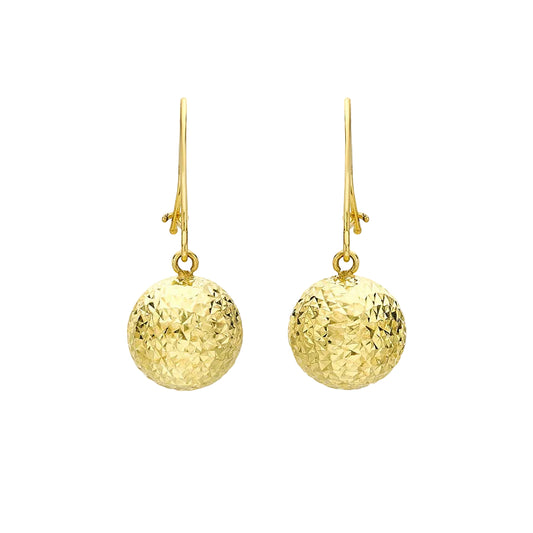 9ct Yellow Gold Hollow Diamond Cut Ball Drop Earrings with Safety Hook Wire