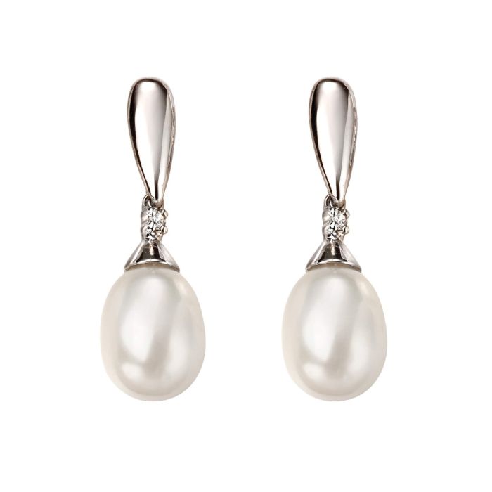 9ct White Gold Freshwater Cultured Pearl and Diamond Drop Earrings