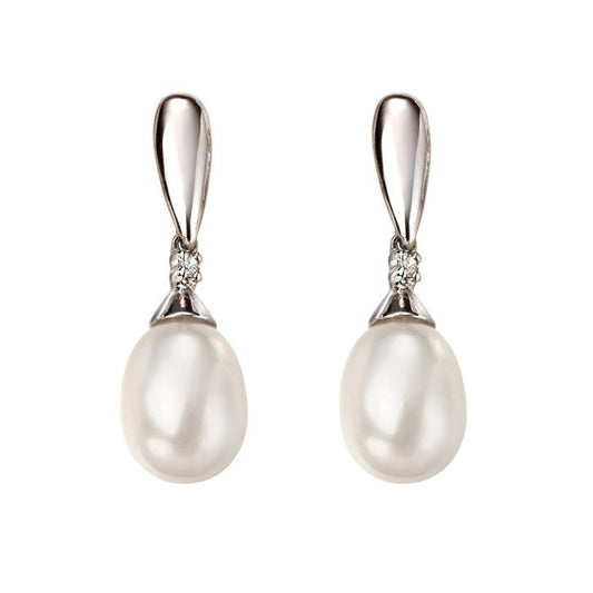 9ct White Gold Freshwater Pearl and Diamond Drop Earrings