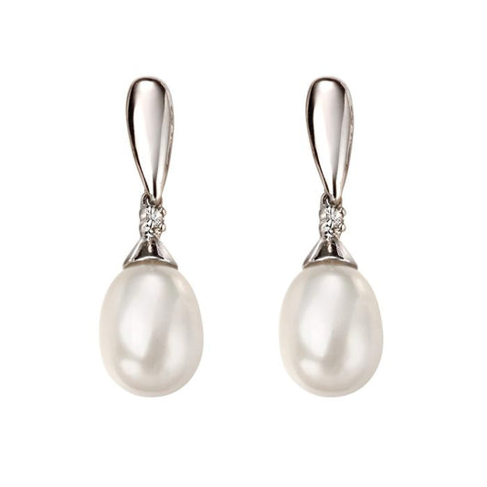 9ct White Gold Freshwater Cultured Pearl and Diamond Drop Earrings