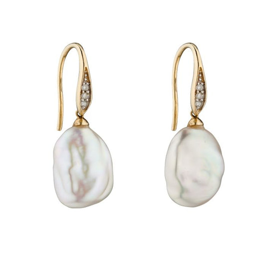 9ct Yellow Gold Keshi Pearl Drop Earring With Diamond Hook Wires