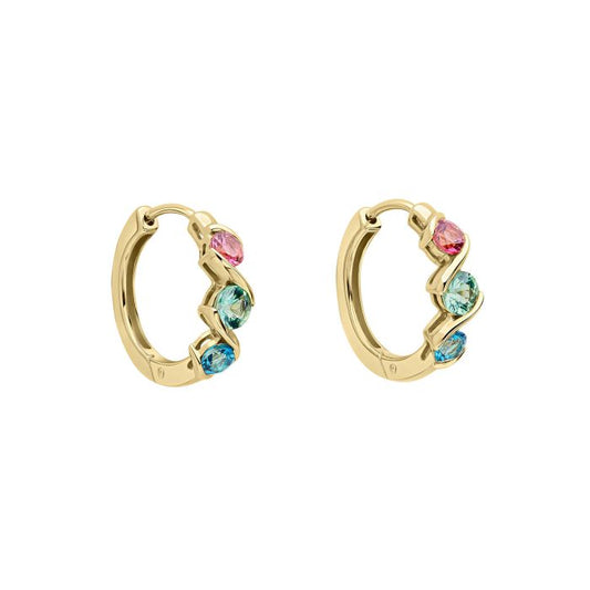 9ct Yellow Gold Pink Tourmaline Green Sapphire And Blue Topaz Hoops