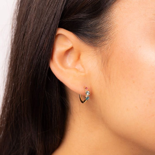 9ct Yellow Gold Pink Tourmaline Green Sapphire And Blue Topaz Hoops